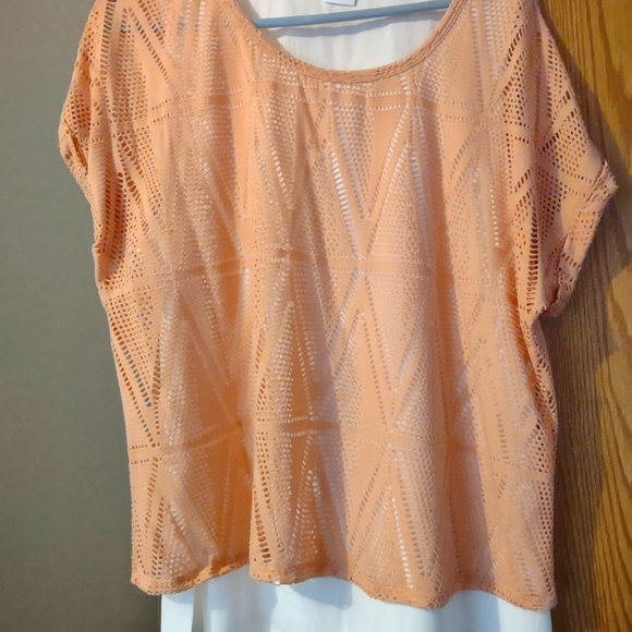 A Peach colored light sweater over a white blouse, size XL. - Picture 1 of 3